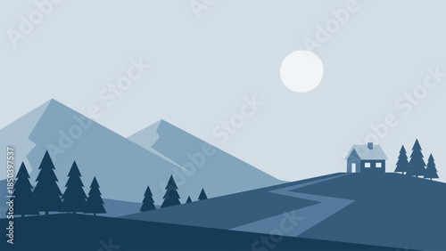 Minimalistic winter landscape with road to the house and mountains in Scandinavian style. Vector illustration in blue colors
