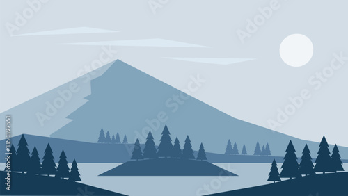 Minimalistic winter landscape with island on a lake in the mountains in Scandinavian style. Vector illustration in blue colors