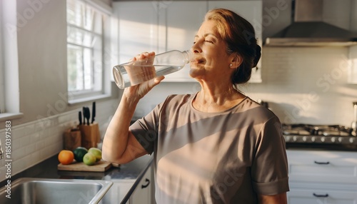 Hydration Reminder Moment. Senior woman drinking water from a glass bottle. Elderly People Moments Healthy Life