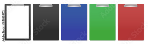 Set of colorful clipboards in black, blue, green, and red. Board with holder for office document, planning, presentation. Vector illustration