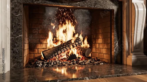Warm fireplace with burning logs, flames, smoke, brick, and a marble mantel
