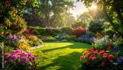 Wallpaper Mural Lush, colorful garden with blooming flowers and a vibrant green lawn bathed in warm sunlight Torontodigital.ca