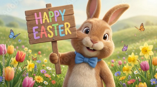 Bunny holds sign with message in flower field during spring season