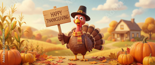 Turkey holds sign for Thanksgiving in outdoor setting with pumpkins