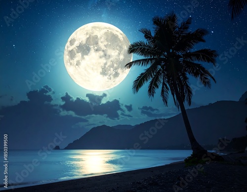 Large moon illuminates a tropical beach at night, with a palm tree and calm ocean waters reflecting its glow