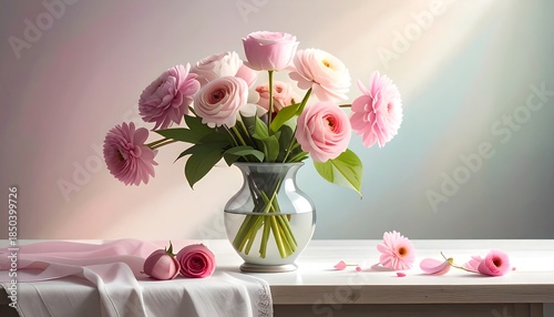 Pink flowers arranged in vase on table with pastel backdrop, soft light