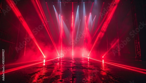 Intense red and white light beams converge in hazy, dark space with a wet floor reflecting the beams