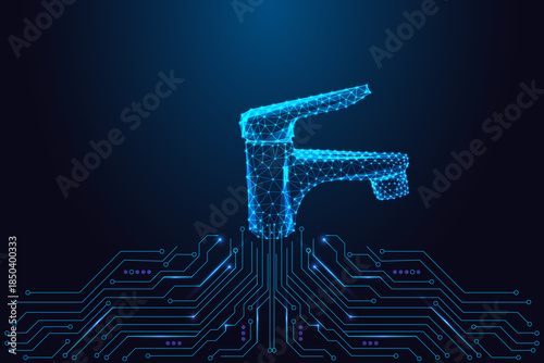 Glowing digital water faucet on circuit board, smart water and plumbing tech vector