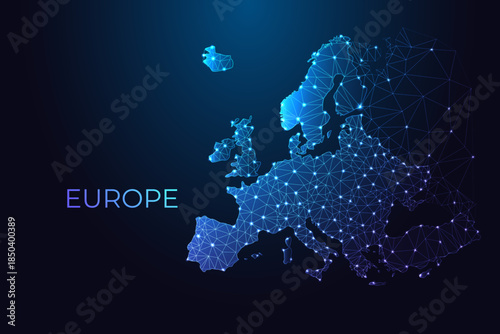 Europe digital map with glowing network nodes and modern typography, vector illustration.
