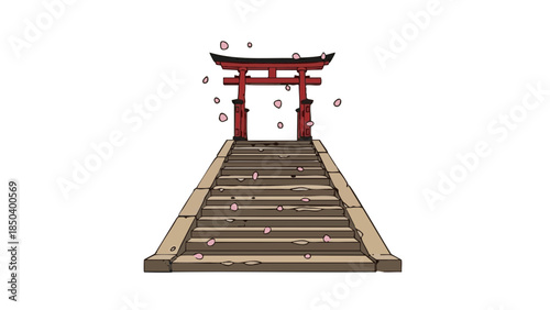 Shrine steps leading to traditional Torii gate during cherry blossom season  