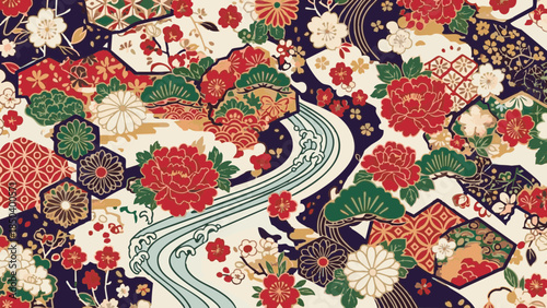Colorful traditional kimono pattern with flowers and flowing river design  