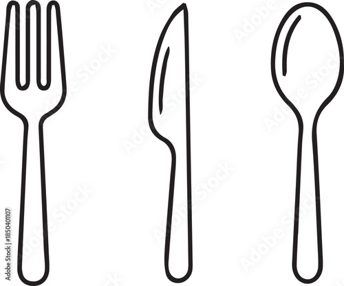 Spoon, knife, fork icon set in line style, Dining silverware Silhouette, cutlery, Vector illustration.