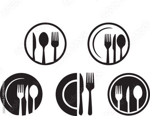 spoon, Fork, knife and plate icon set, menu logo, Silhouette of cutlery. Tableware Vector 