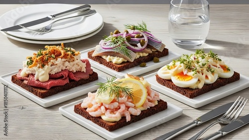Danish Smørrebrød Sandwiches with Shrimp, Herring, and Roast Beef