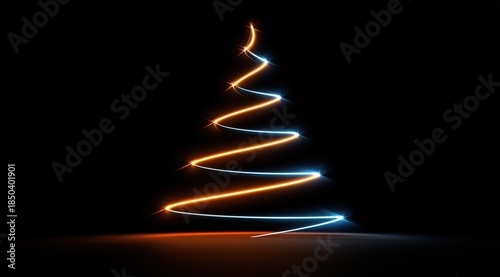 Un sapin de Noël minimaliste lumineux, éclairé au néon, aux lignes et courbes épurées sur un fond sombre, le sapin rayonnant avec des contours aux reflets orange et bleus.