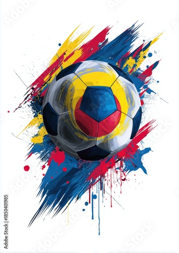Un ballon de football, avec des coups de pinceau, des couleurs vives, une palette jaune, bleue et rouge, illustration, croquis conceptuel sur fond blanc.