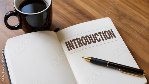 Introduction Page in Open Notebook with Pen and Coffee – Creative Writing, Study, or Presentation Concept for Education, Planning, Office Work, and Productivity Themes