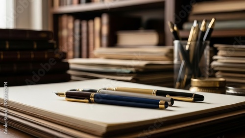 Elegant Fountain Pens Resting on Stacked Books in a Library Setting