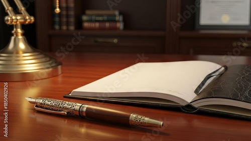 Elegant ornate pen and open notebook on a polished wooden desk in a library setting
