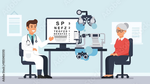 Cartoon illustration of a doctor and nurse working at a desk with a laptop and clipboard