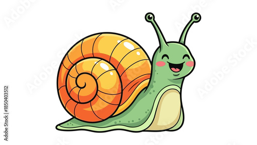 Cute cartoon snail character with a flower in the garden illustration