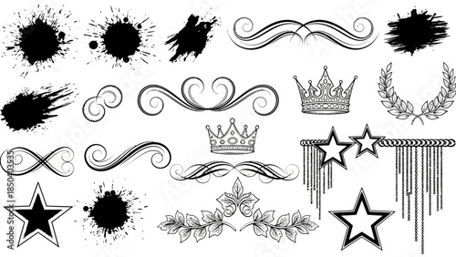 Vintage heraldic symbols and ornate floral elements set in classic vector style