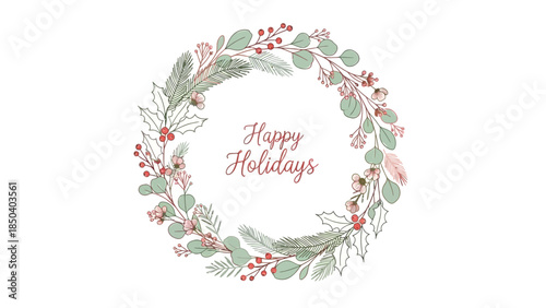 Christmas wreath frame with red ribbon floral decoration vector illustration