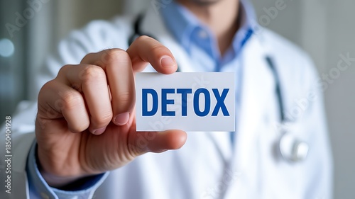Doctor holding a card with the word DETOX, symbolizing health, wellness, and cleansing treatments.