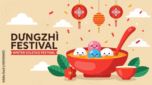 Celebrating the Winter Solstice Festival with traditional dumplings and lanterns in a festive atmosphere from a top-down view