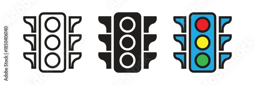 Modern traffic light vector icon with red, yellow, and green signals. Ideal for road safety education, transportation apps, automotive branding, and urban city management designs.