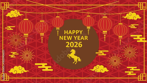 Vibrant Chinese New Year 2026 celebration with horse illustration and lanterns on red background