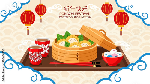 Celebrating Winter Solstice with traditional food and lanterns in a festive atmosphere