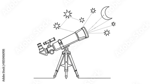 Telescope Observing Stars and Moon in Night Sky