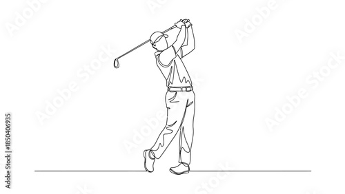 Golfer Swinging Golf Club Continuous Line Art on White Background