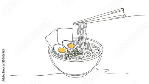 Bowl of Ramen Noodles with Eggs and Chopsticks, Line Art Illustration