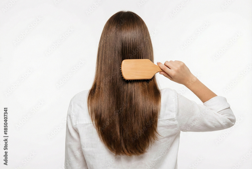 Fototapeta premium Woman Meticulously Organizing Her Shiny Brown Hair During Work Session