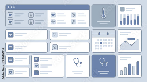 Medical interface elements with health icons and graphs