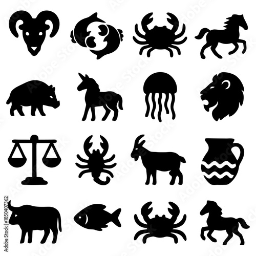 Zodiac Sign Icons: A collection of black zodiac sign icons, each representing a unique symbol of astrological signs. Featuring bold silhouettes.