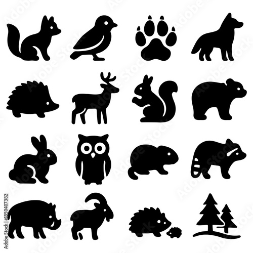 Diverse Forest Fauna Silhouettes: A curated collection of forest creatures silhouettes, perfect for adding a touch of nature-inspired elegance. Illustrating a fox, birds, a paw print, a wolf.