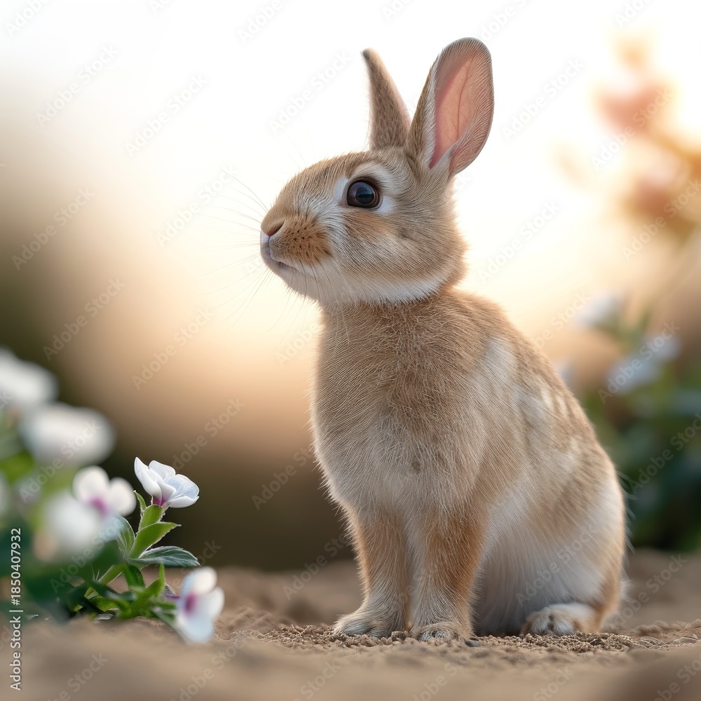 Fototapeta premium Adorable Brown Bunny Sitting Among Flowers in Nature.