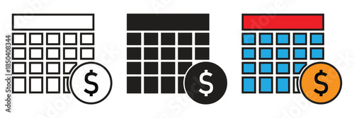 vector icons of a calendar with a dollar coin symbol. Suitable for tax deadlines, payment schedules, salary dates, financial planning, and business appointment reminders.