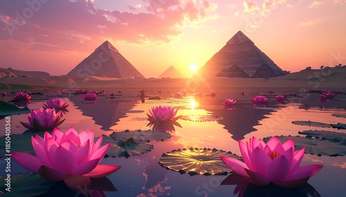 Pyramids reflected in water dotted with pink lotus flowers under a warm sunset sky over a desert landscape