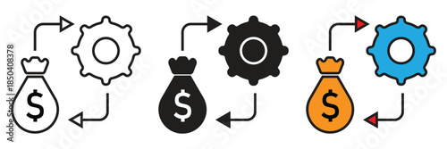 Vector icons depicting a money bag and gear with circular arrows. Perfect for business automation, financial processing, investment cycles, wealth management systems, and money-making concepts.