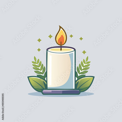 Candle with Leaves and Stars Illustration.