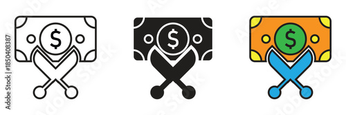 vector icons illustrating a pair of scissors cutting a dollar banknote. Ideal for representing budget cuts, cost reduction, financial savings, and economic crisis management.