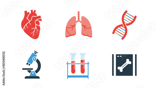 Diverse health and medical science icons featuring heart, lungs, genetics, laboratory equipment and clinical symbols.