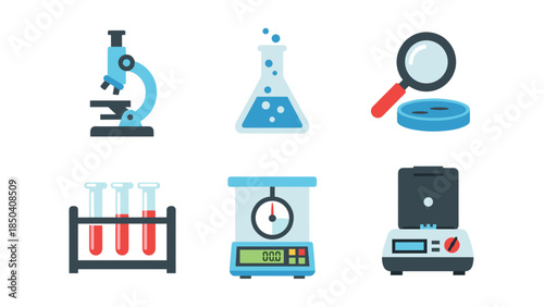 Assorted laboratory equipment icons featuring microscope, beakers, test tubes, scales, and magnifying tools for science visualization.