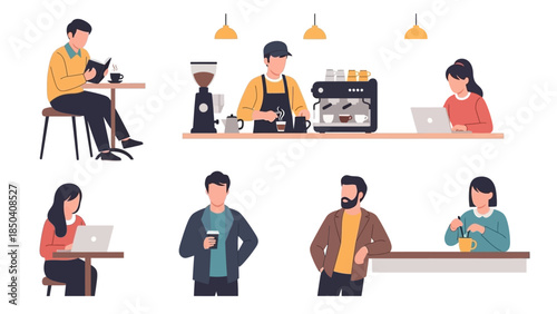 Diverse Activities in a Modern Cafe Flat Design Illustration of People Enjoying Coffee, Working, and Socializing in a Contemporary Coffee Shop Environment