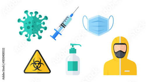 Collection of health and safety icons including virus, syringe, mask, sanitizer, biohazard symbol and hazmat suit.