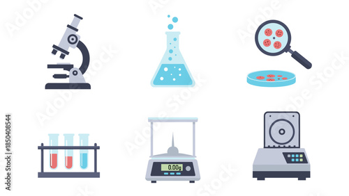 Icons of laboratory equipment including microscope, conical flask, Petri dish, and centrifuge.
